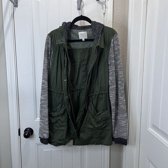 Torrid Womens Utility Jacket Plus Sz 2X Green Canvas w/ Knit Arms Hooded Zip Up - Picture 2 of 10